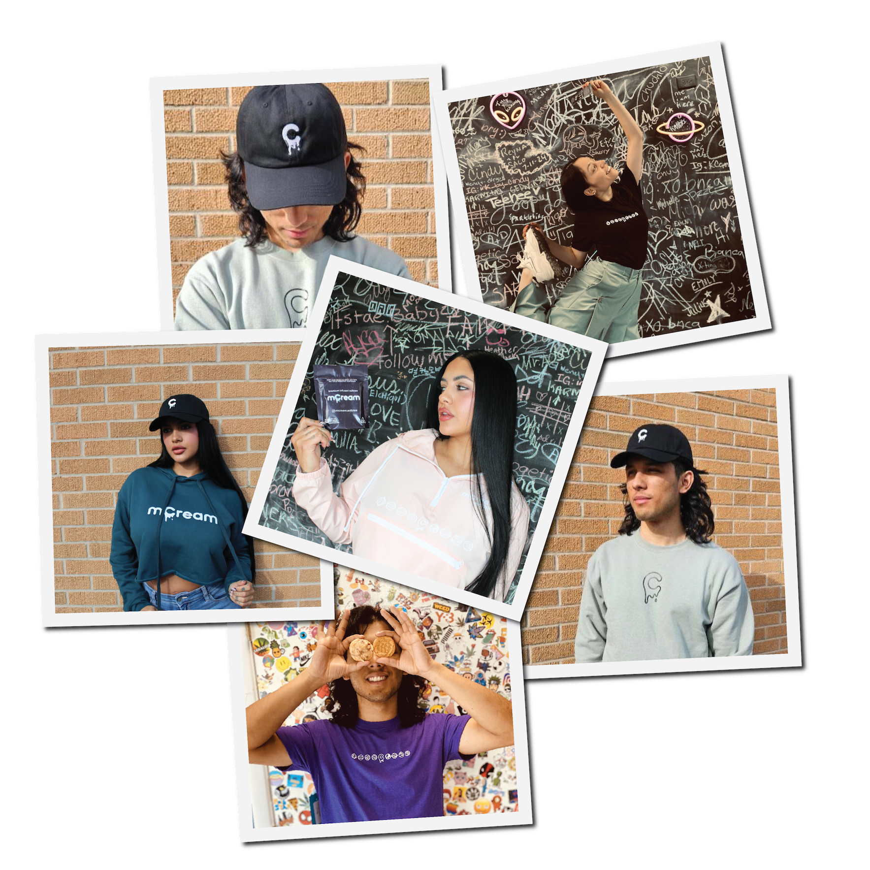 Models wearing mCream streetwear merch including hoodies, hats, and tees from cannabis brand apparel line