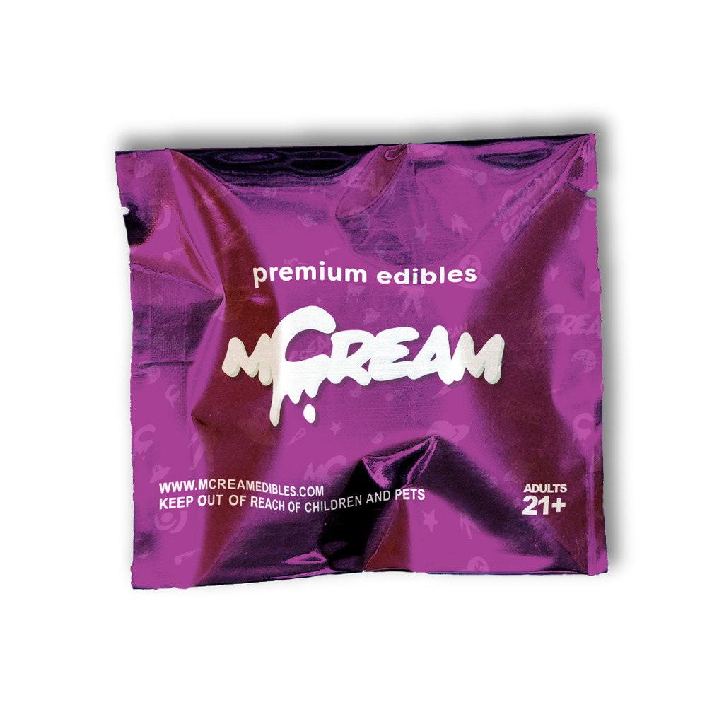 Purple mCream edibles pouch with bold logo, premium THC-infused packaging for adults 21+