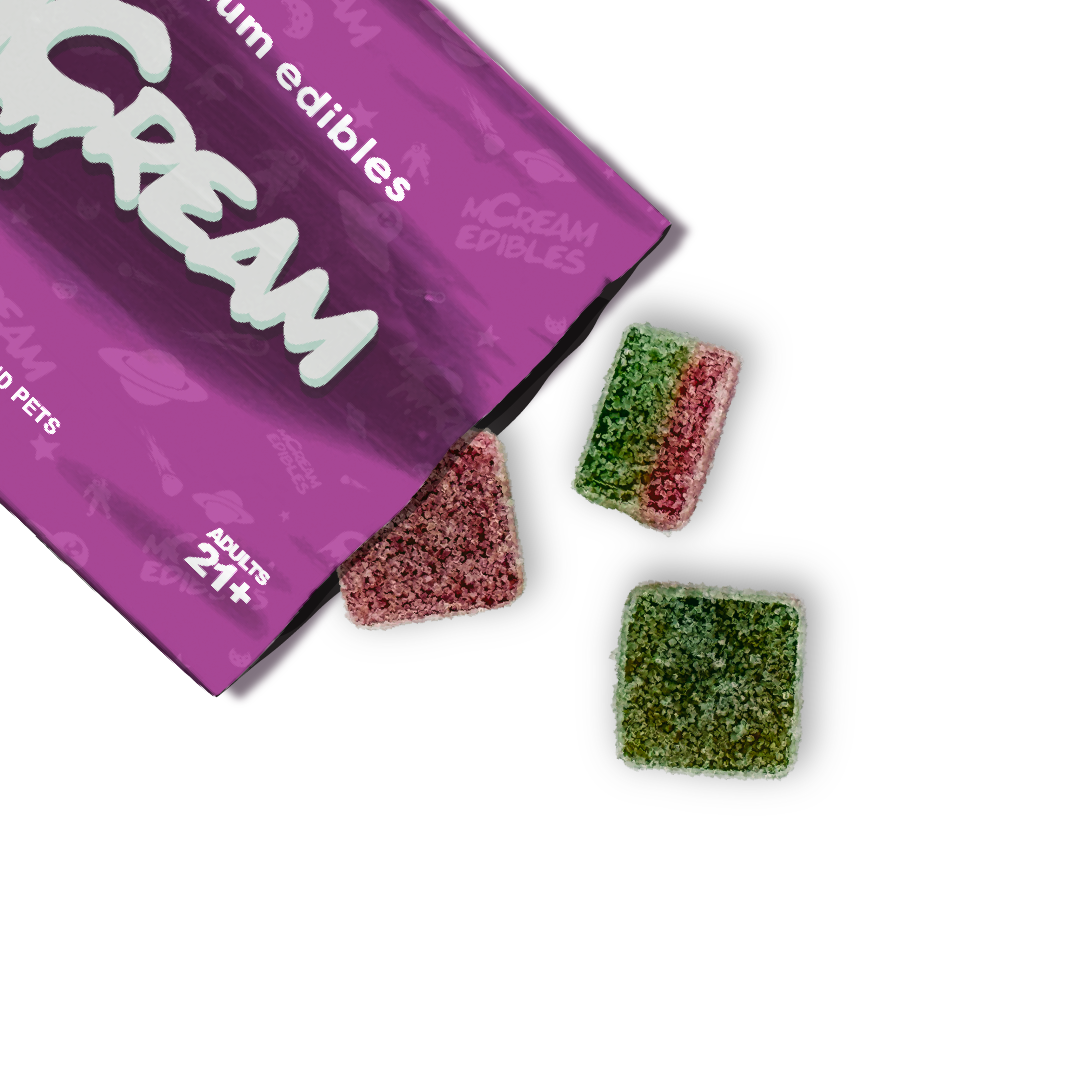 mCream Cherry Limeade THC micro-dose gummies in red and green, next to branded edibles pouch