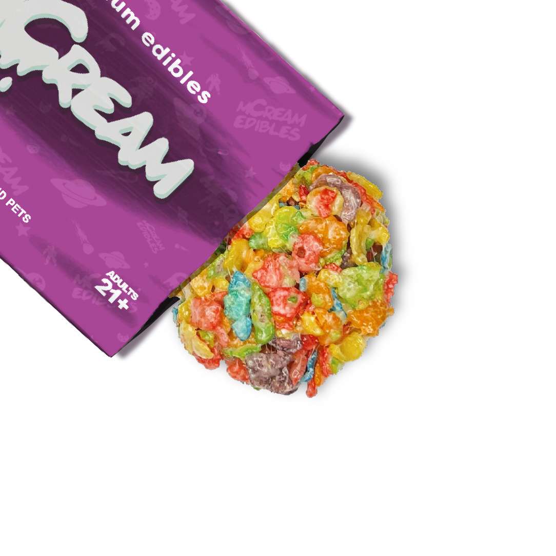 mCream THC-infused Fruity Pebbles cereal bar, colorful cannabis edible packed with nostalgic flavor