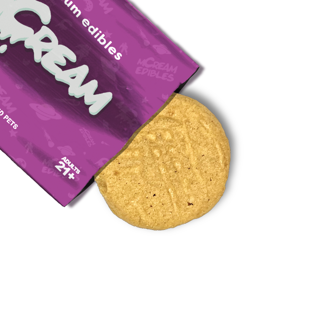 mCream THC-infused peanut butter cookie, rich and nutty edible paired with signature purple pouch