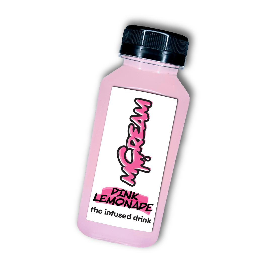mCream Pink Lemonade THC-infused fast-acting cannabis drink in vibrant bottle, adult-use edible beverage