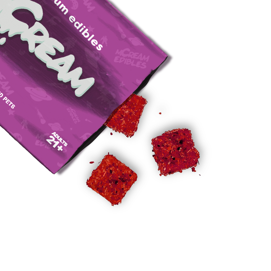 mCream Watermelon THC-infused gummies in red and green, micro-dose edibles beside branded pouch